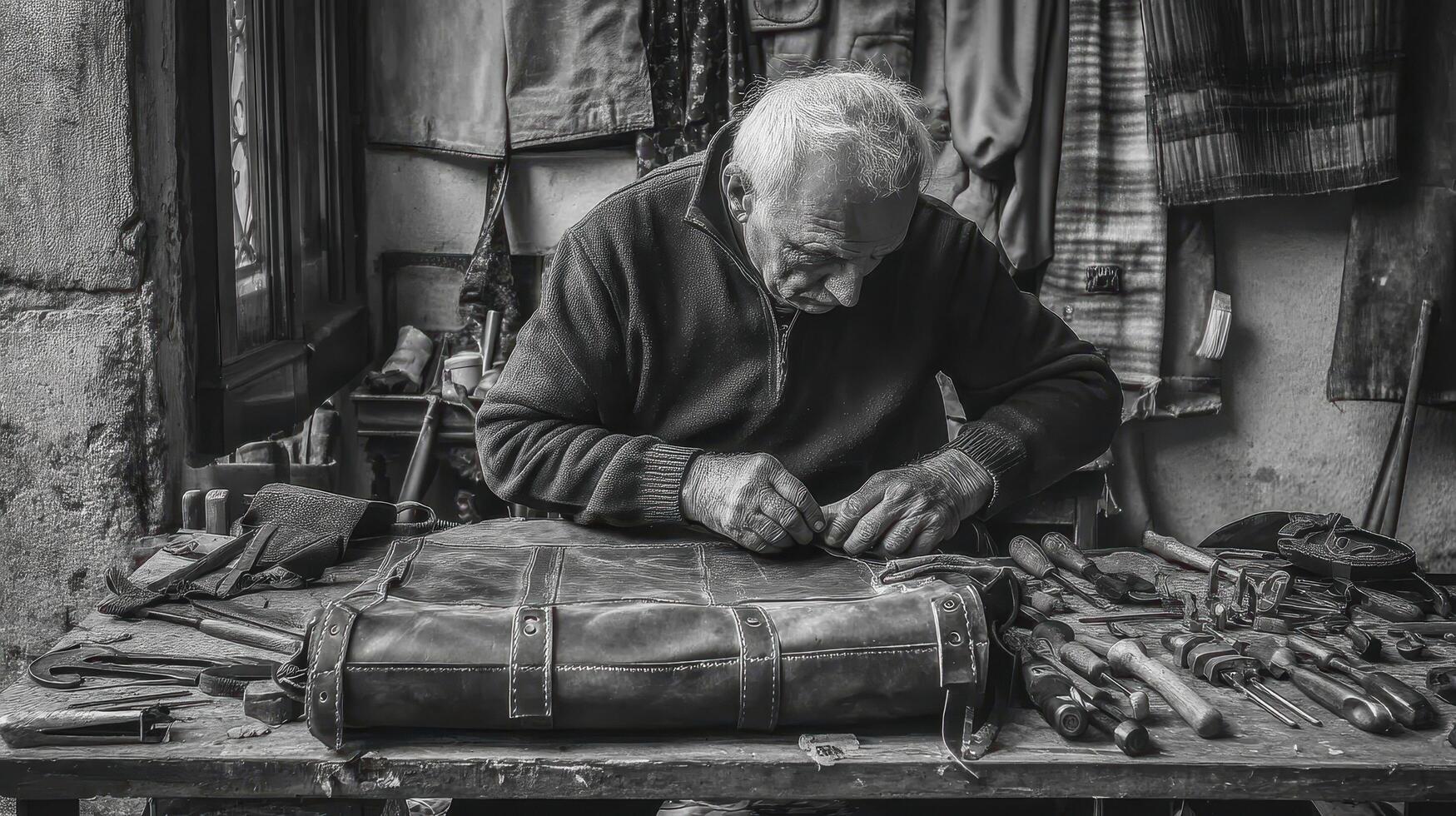 An old man working on a leather bag in his workshop photo