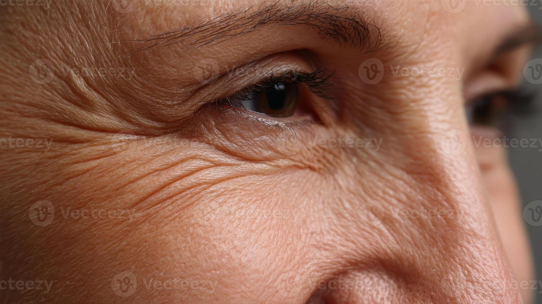 Extreme close-up revealing the intricate details of aged skin and fine lines around the eye photo