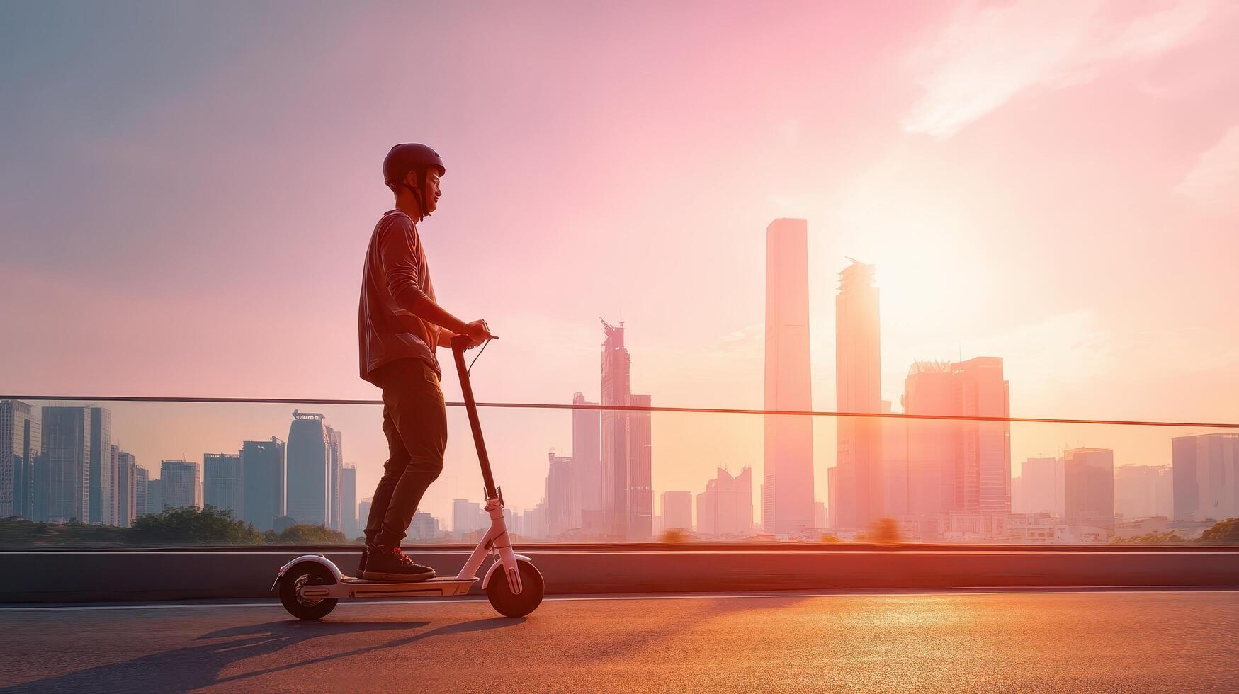A man riding an electric scooter in front of a city photo