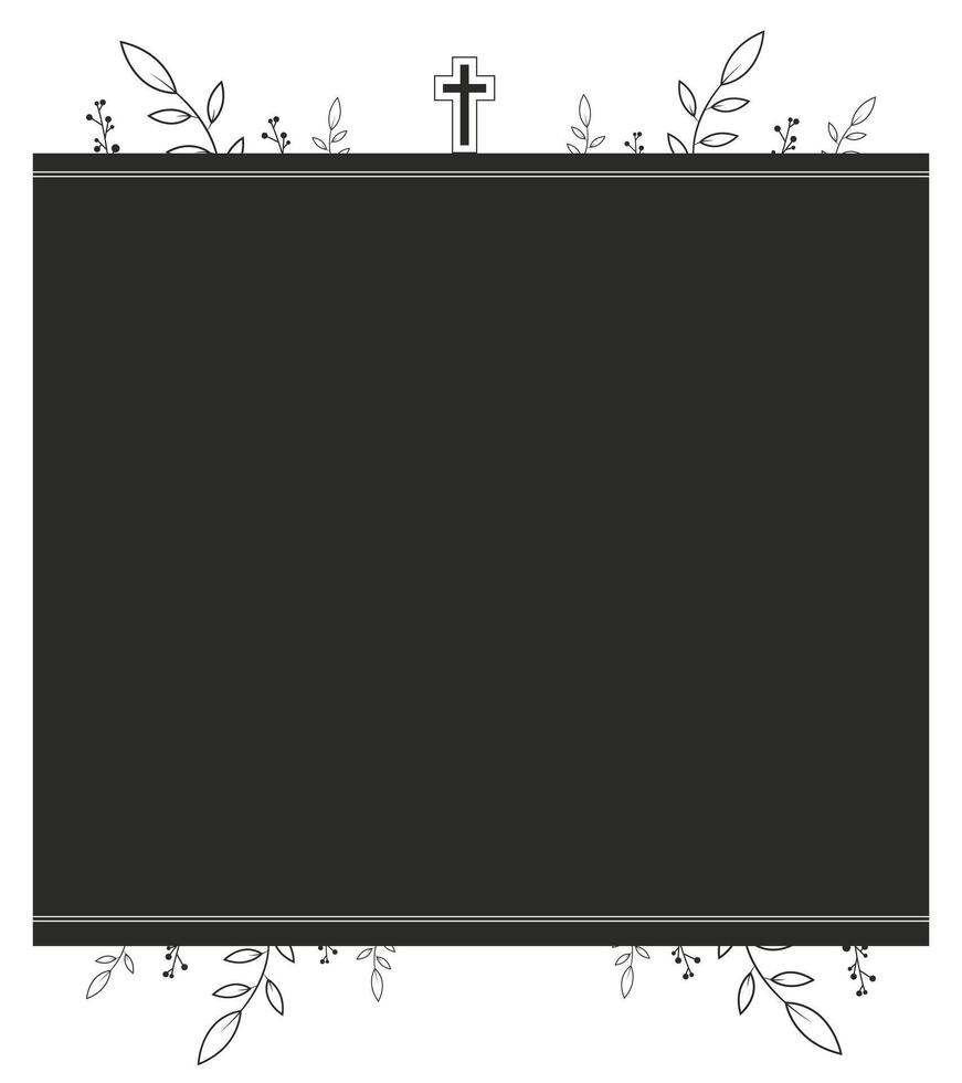 Memorial card for funeral, black and white frame. leaves and church cross. vector