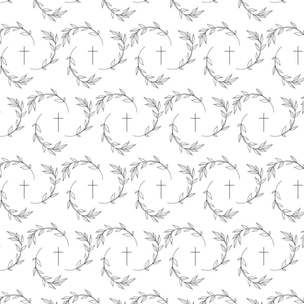 seamless pattern with leaves and church cross on white background vector