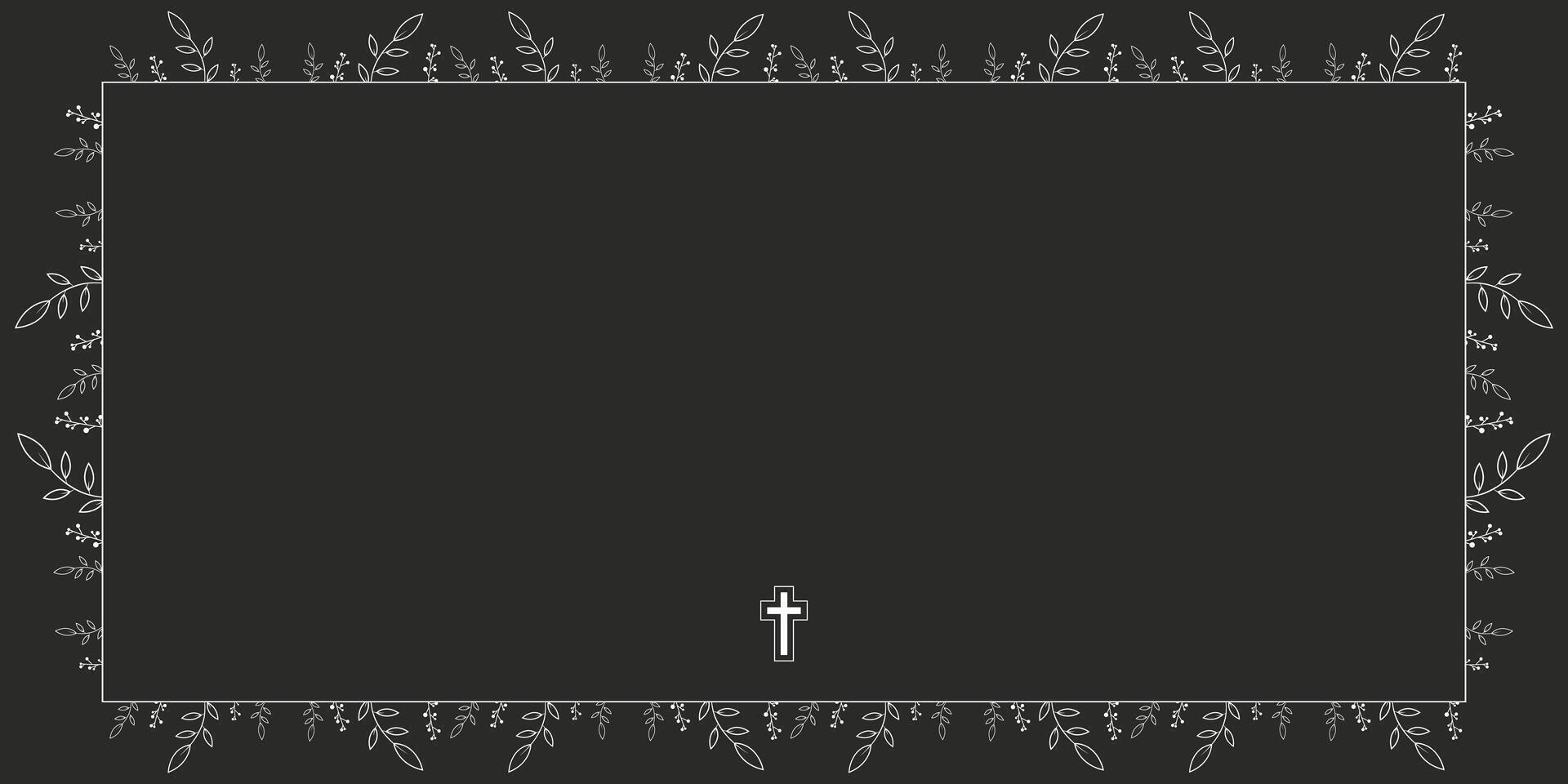 Memorial card for funeral with white flower frame and church cross Black background Funeral card vector
