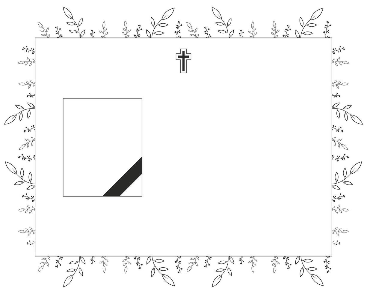 Funeral card with church cross and frame Leaves and flowers background vector