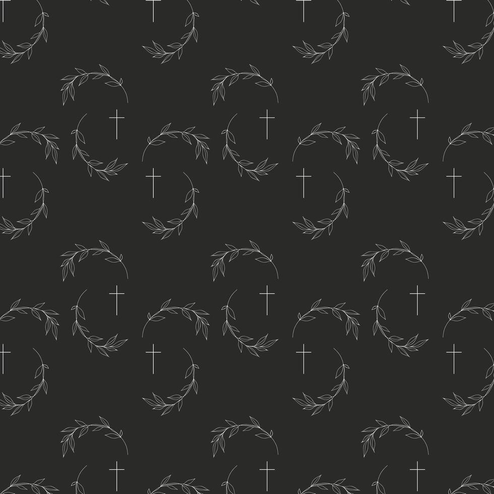 seamless pattern with leaves and church cross on black background vector