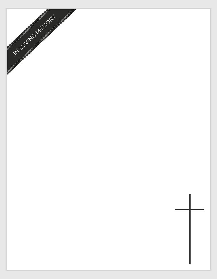 Minimal Funeral Program. Modern white background with tasteful black ribbon and cross. vector