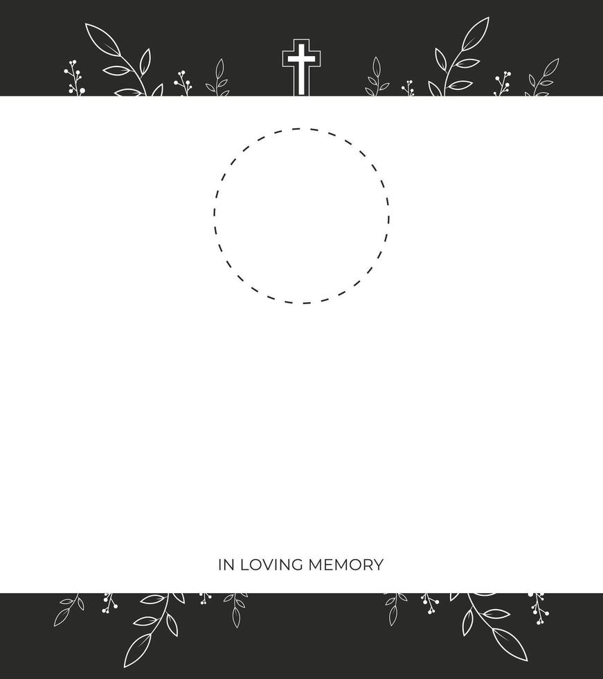 Funeral card with abstract floral background and photo frame. White background. vector