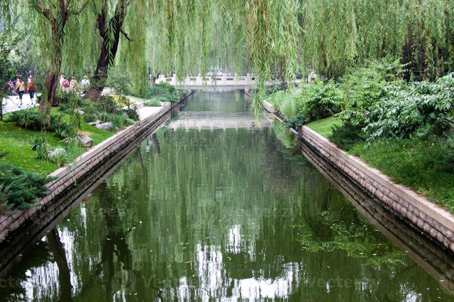 Beijing, China, 14.07.2010. A river with a bridge over it and a few people walking on the bridge photo