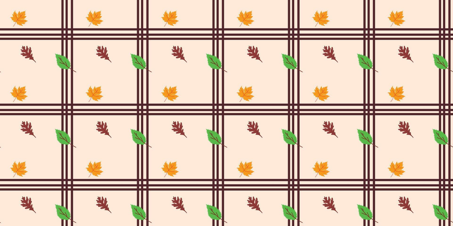 Playful seamless diagonal pattern design featuring maple and oak leaves with added geometric lines. Repeat background vector