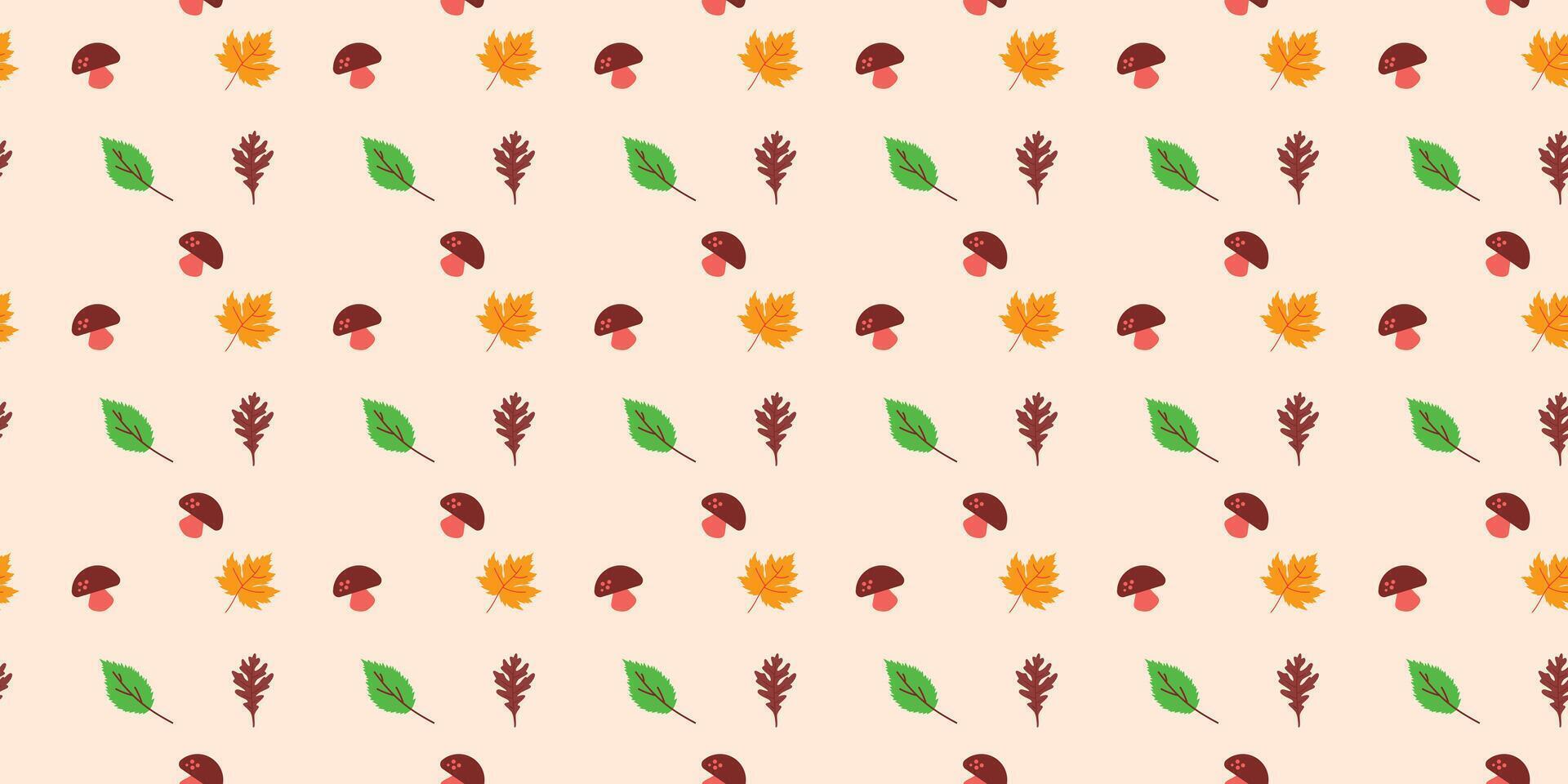 playful scatter seamless pattern with maple and oak leaves and mushroom. repeat background design for textile, fabric, wallpaper and other vector