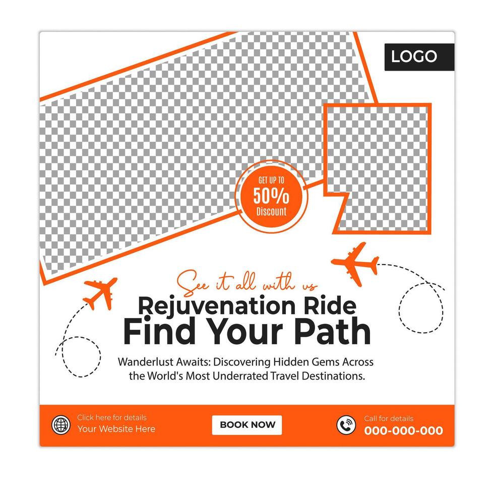 Travel and tour promotional banner and social media square design template vector