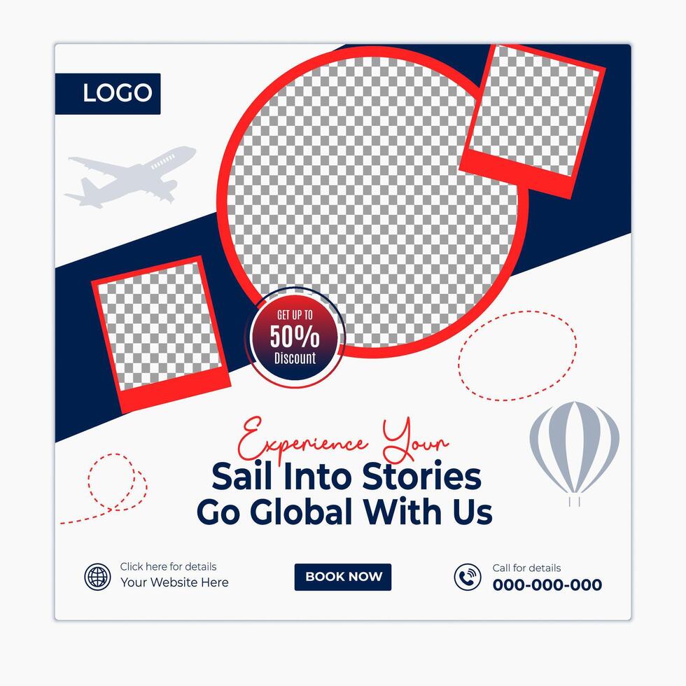 Travel and tour promotional social media post and banner square template vector
