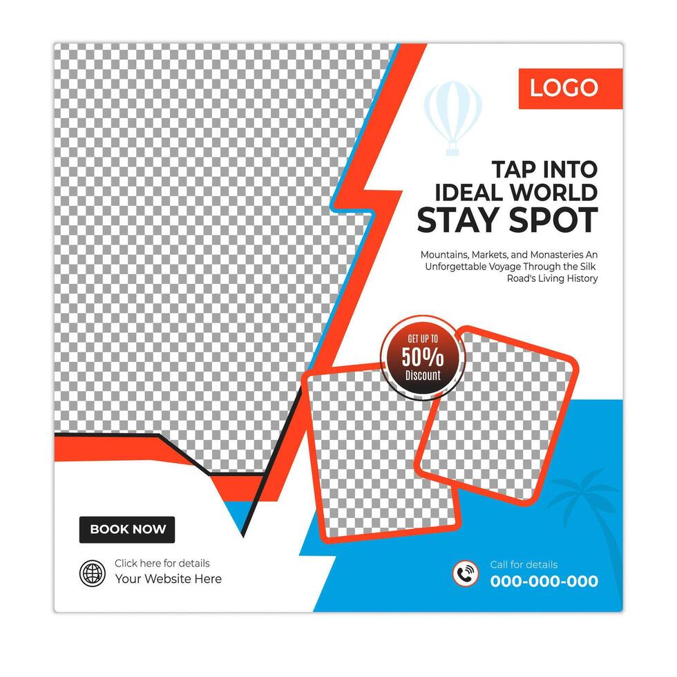 Travel promo social media graphics and web banner square design template vector