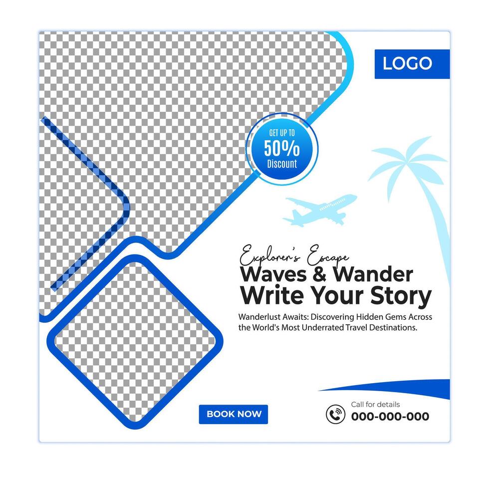 Tour package social media posts and travel banner square design template vector