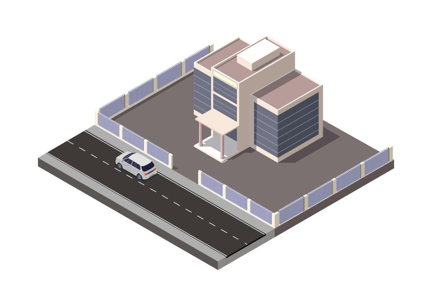 Isometric modern office building with highway and car vector