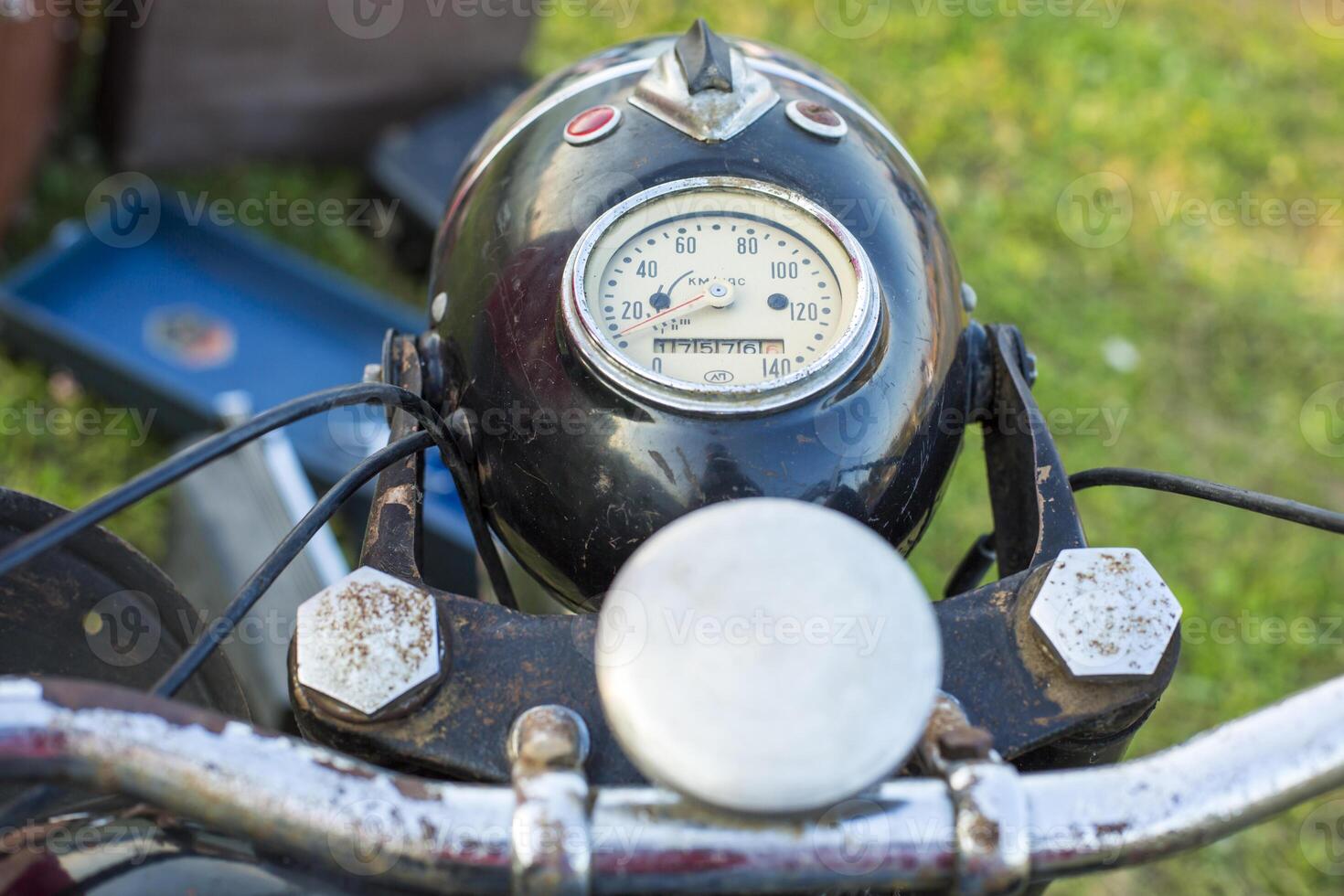 Moscow, Russia, 09.10.2017. A vintage motorcycle with a black and silver gauge photo