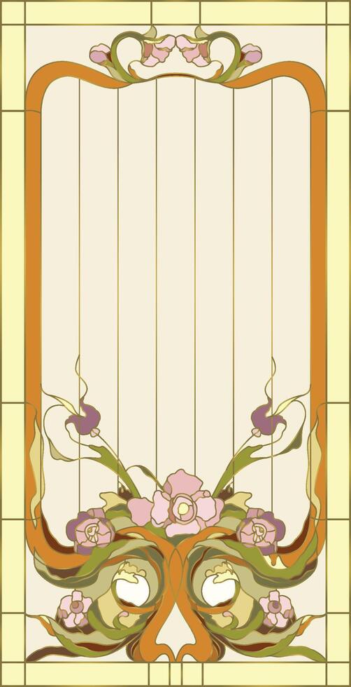 Stained glass in a rectangular frame, abstract floral arrangement of buds and leaves in the art Nouveau style. Decorative design of the window or door vector