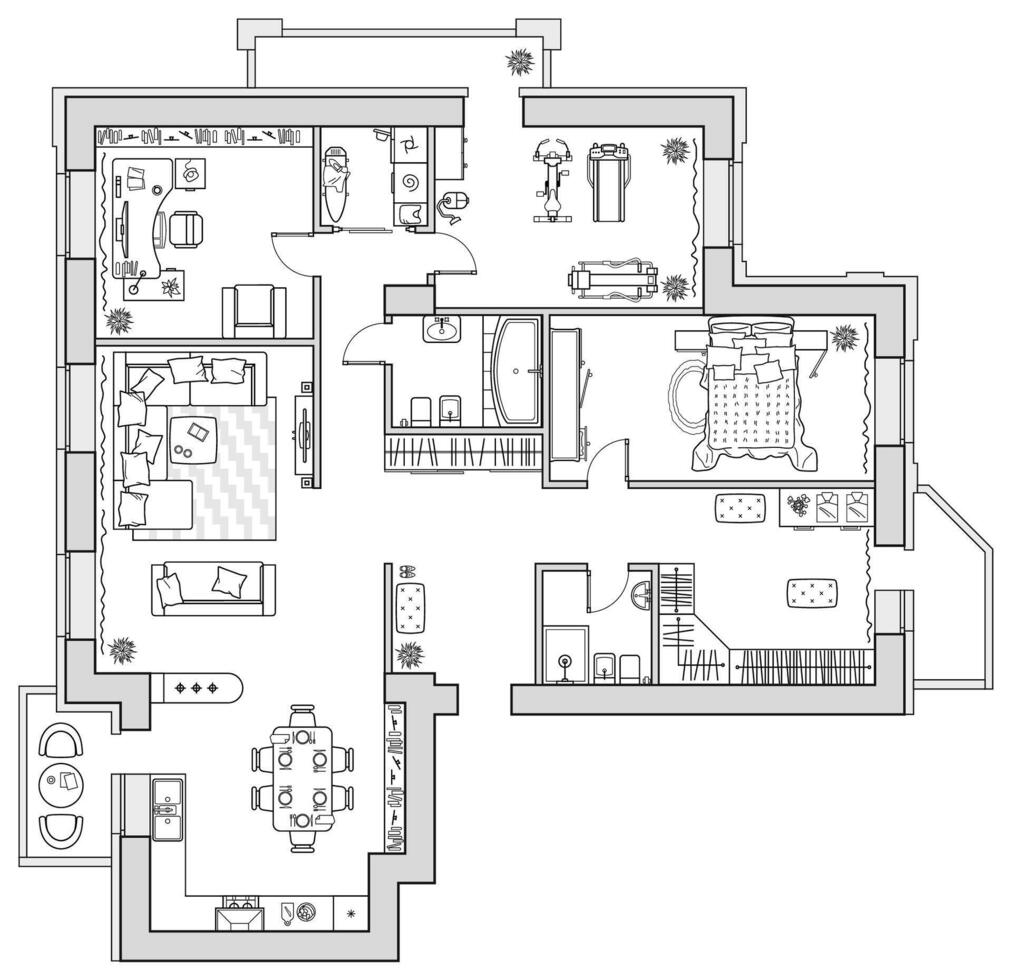 Apartment plan with furniture in top view. Layout of house standard set of icons for floor plan. Interior design elements for architectural plan. vector