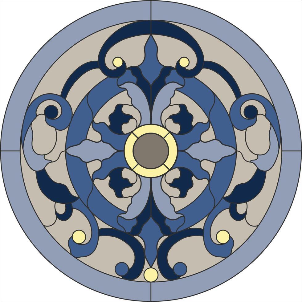 Ceiling round panels, stained glass window. Abstract Flower, swirls and leaves in circle frame, geometric ornament, blue color, symmetric composition, tiffany technique, classic style vector