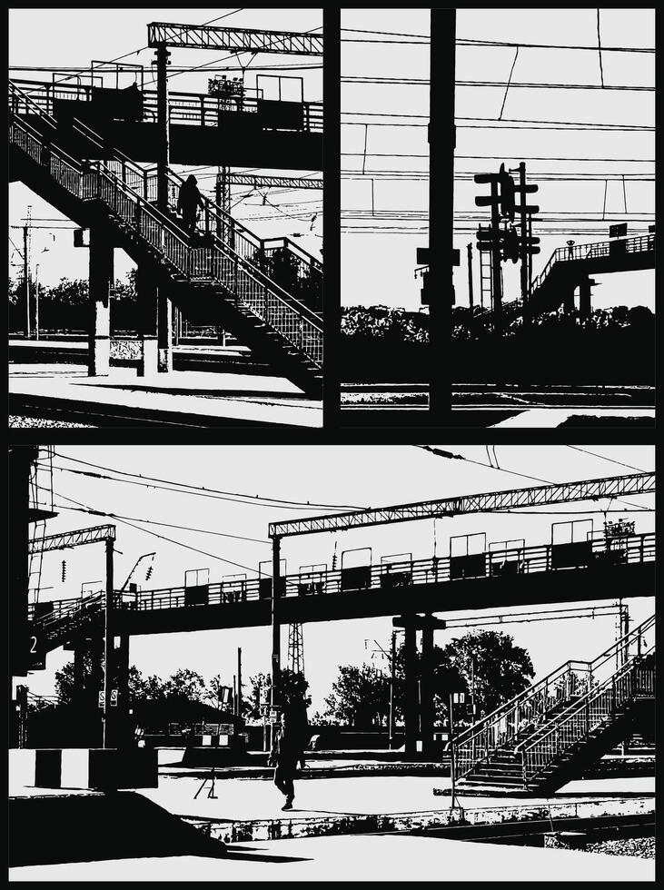 Grunge illustration in black and white. Abstract silhouette of the city with a bridge and stairs. Typography tee design. Urban style background vector