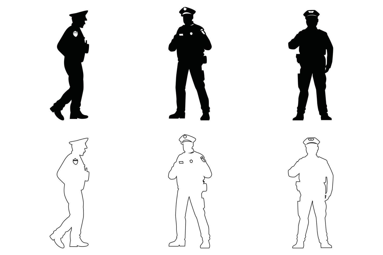 Set of Standing Policeman Silhouettes and Outline on White Background vector