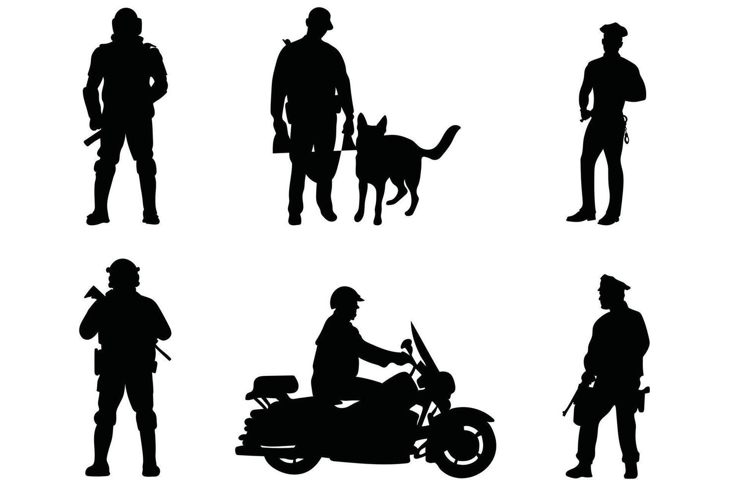 Police Dog Handler Silhouette Pack Set of Officer Poses on White Background vector