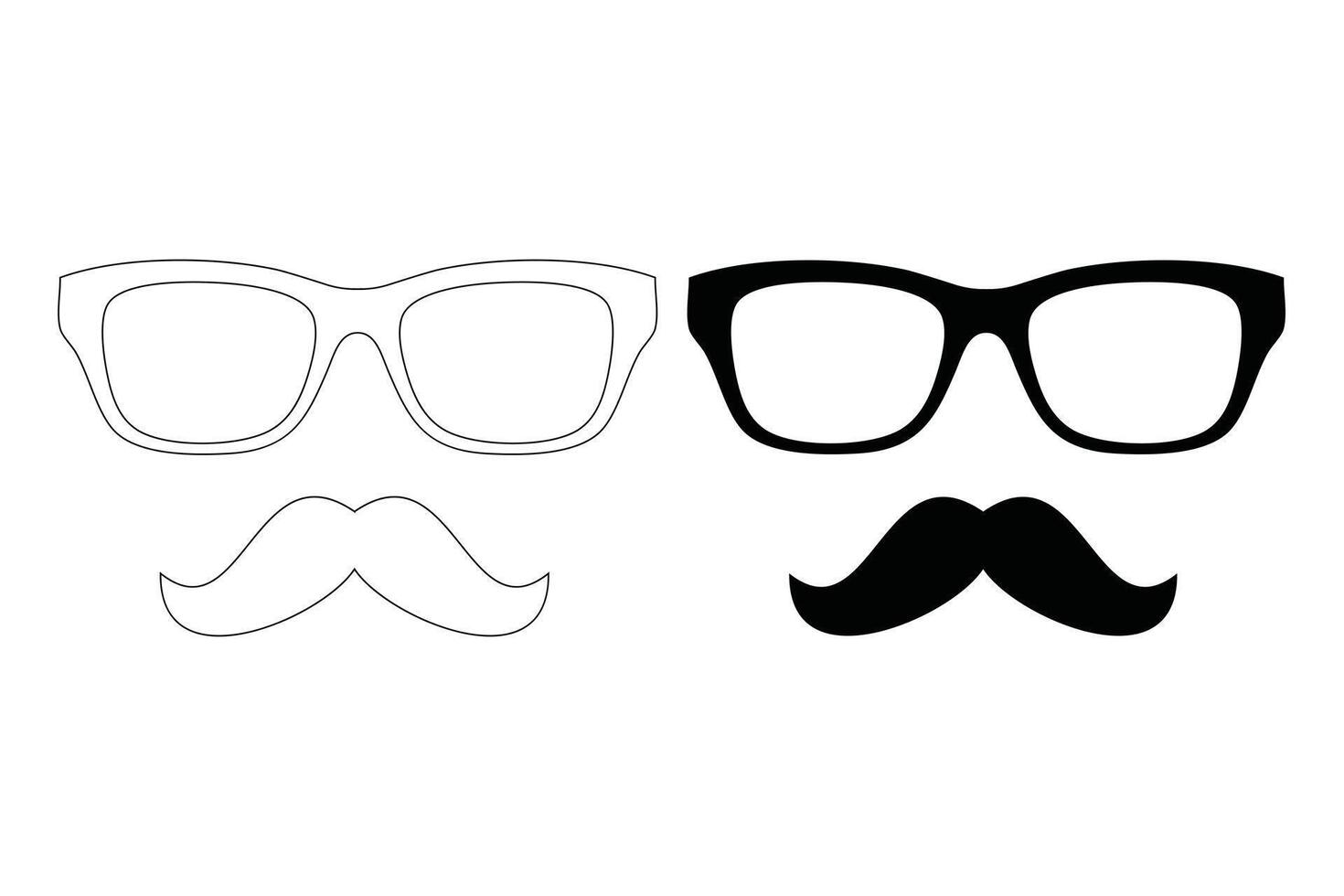 Nerd Glasses and Mustache Silhouette and Outline Black Icon vector