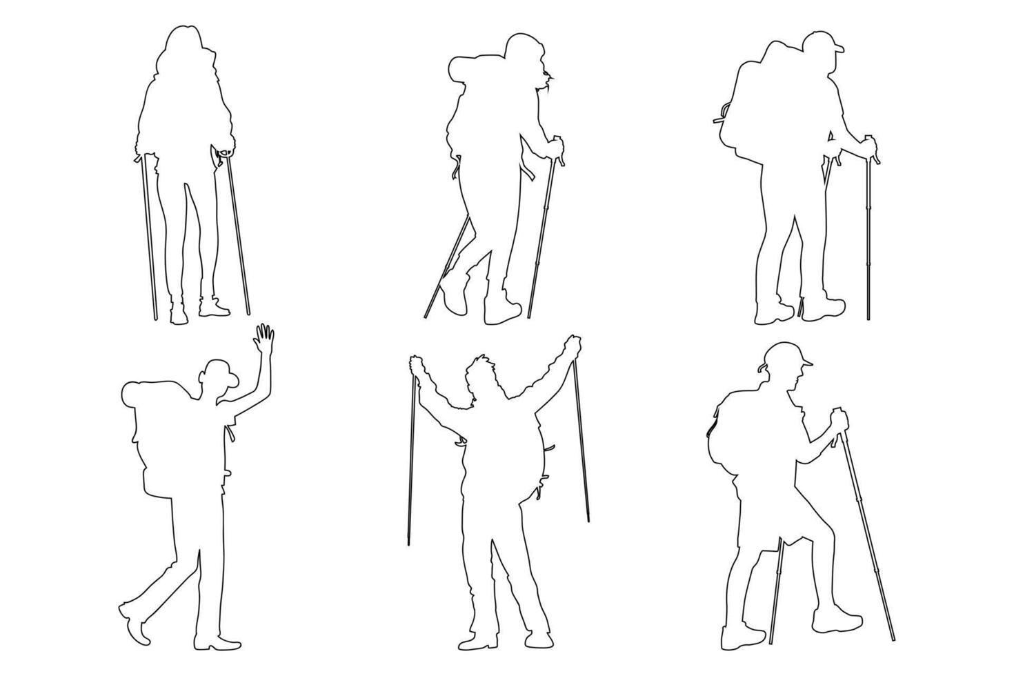 Hiking and Climbing outline set Design with Backpacker Icons and Mountaineer Poses Isolated on White vector