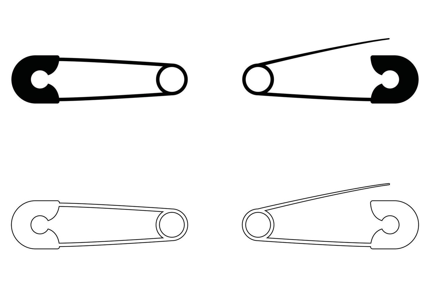 Safety Pin Icon Set with Closed Metal Pins in Silhouette and Outline Style Illustration on White Background vector