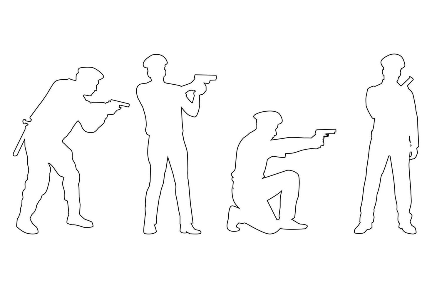 Black Policeman Outline Set Officer Poses and Rod Illustrations on White Background vector