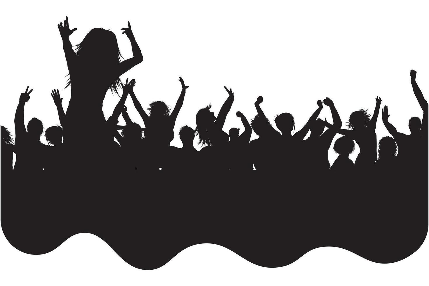 Applause Crowd Silhouette, Cheerful People. Concert, Party. Funny Cheering, Isolated . Girl on the Shoulders of a Man, Silhouette Background vector