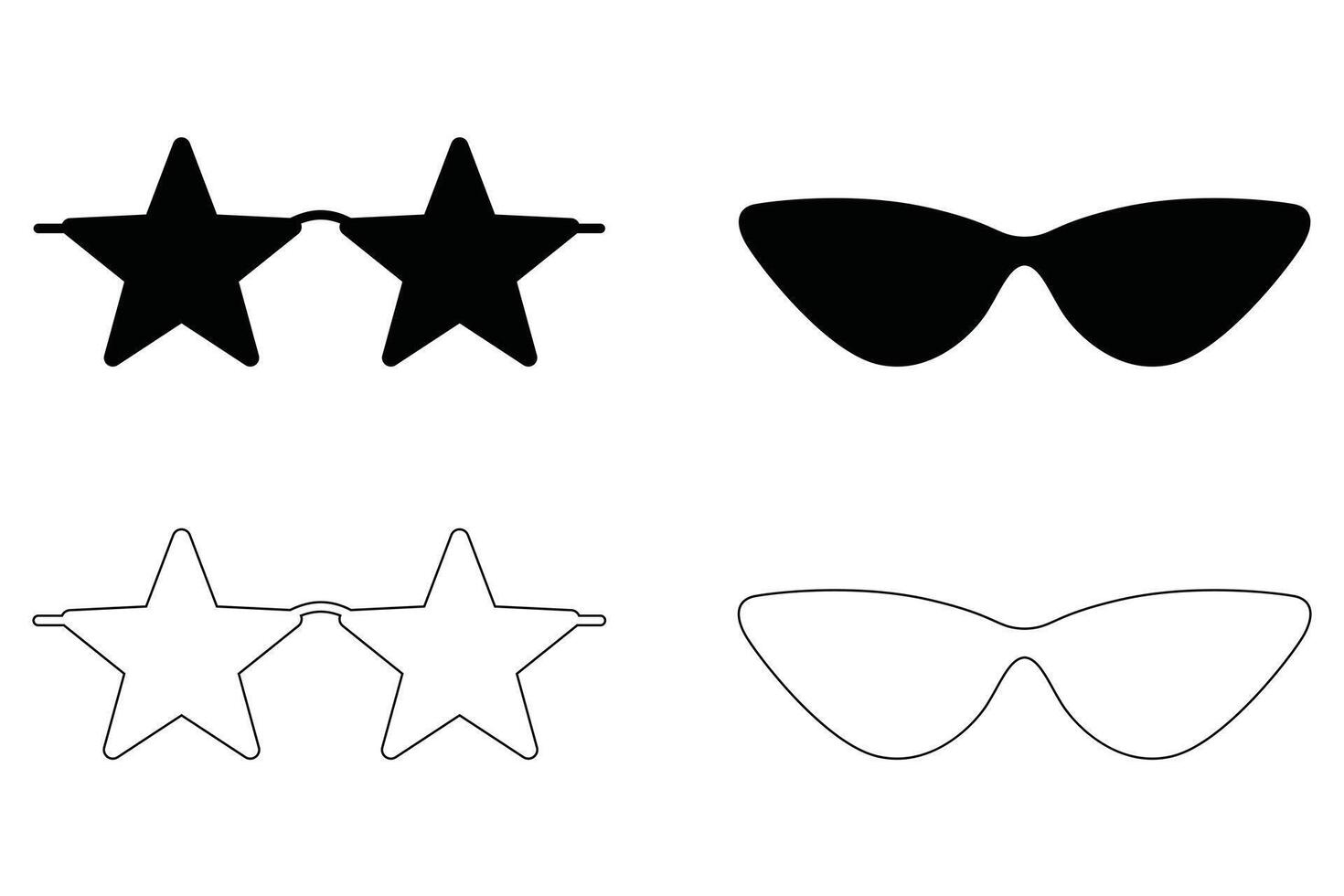 Flat Illustration of Six Cartoon Glasses Black Silhouette and Outline on White Background vector