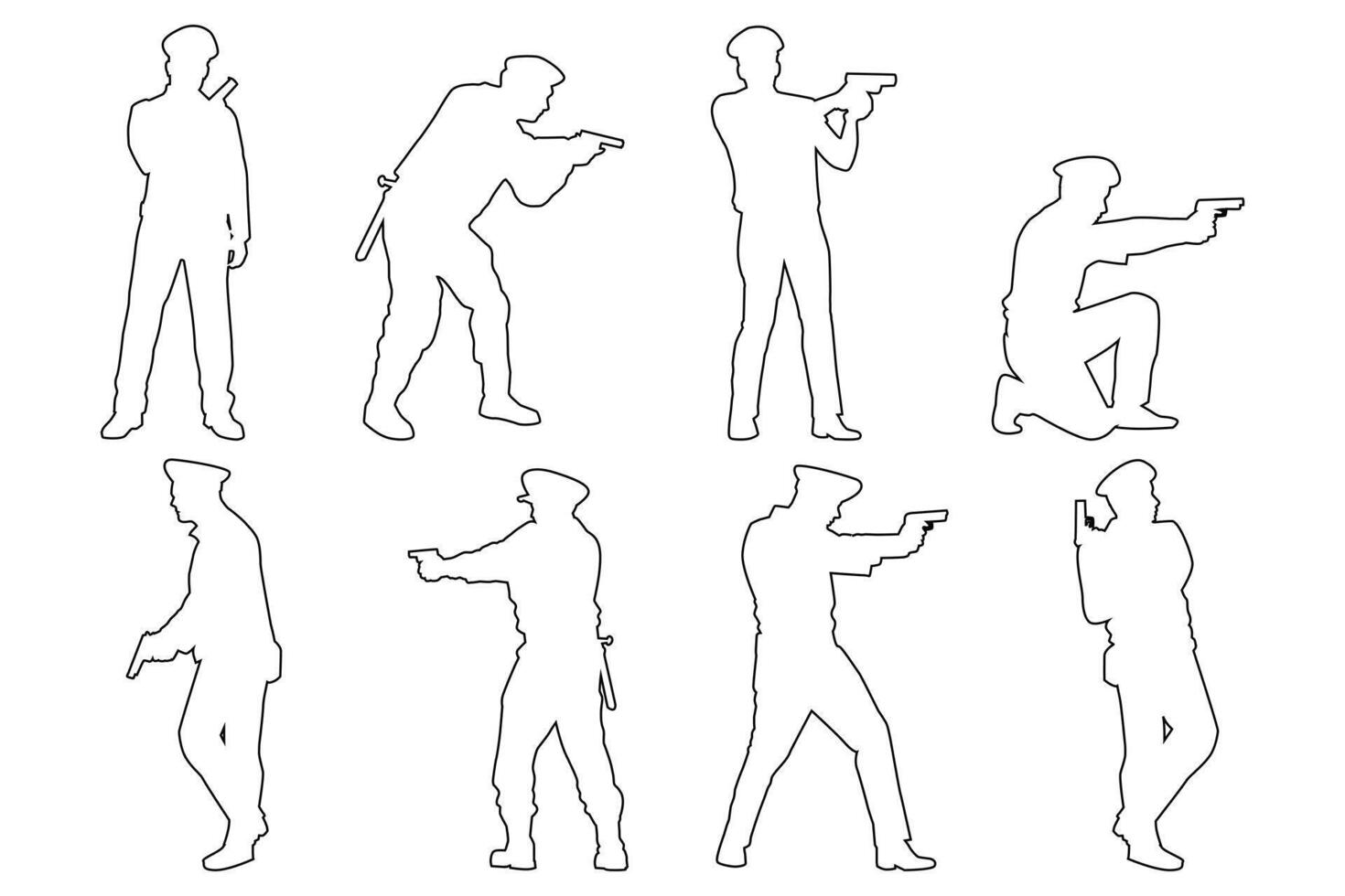 Black Outline Set of Police Officers with Rods Illustration on White Background vector