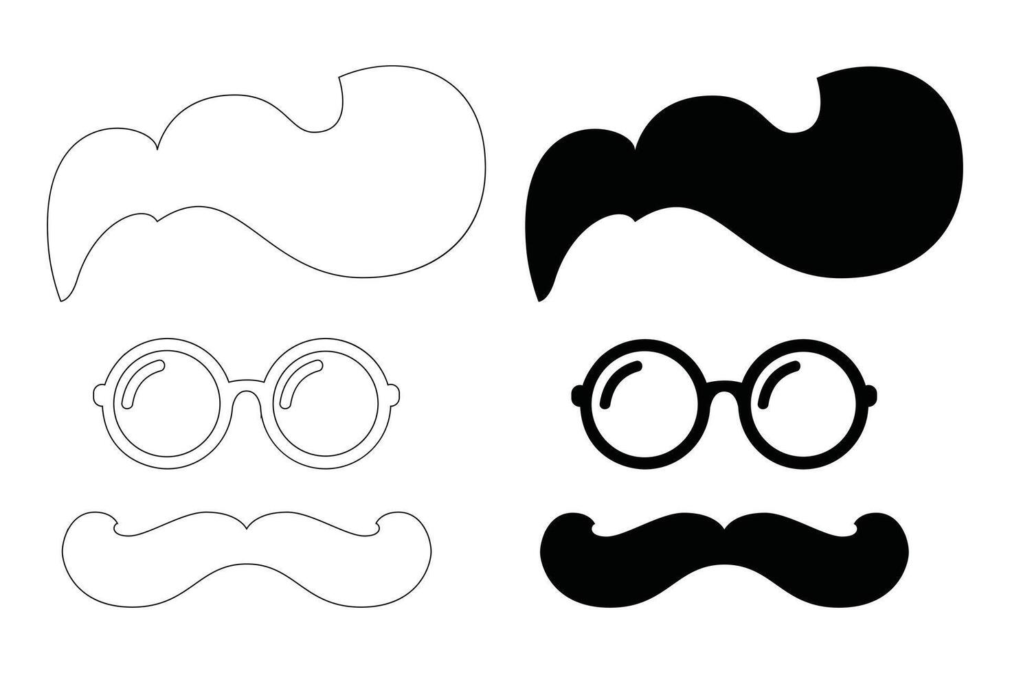 Nerd Glasses with Mustache Silhouette and Outline Illustration vector