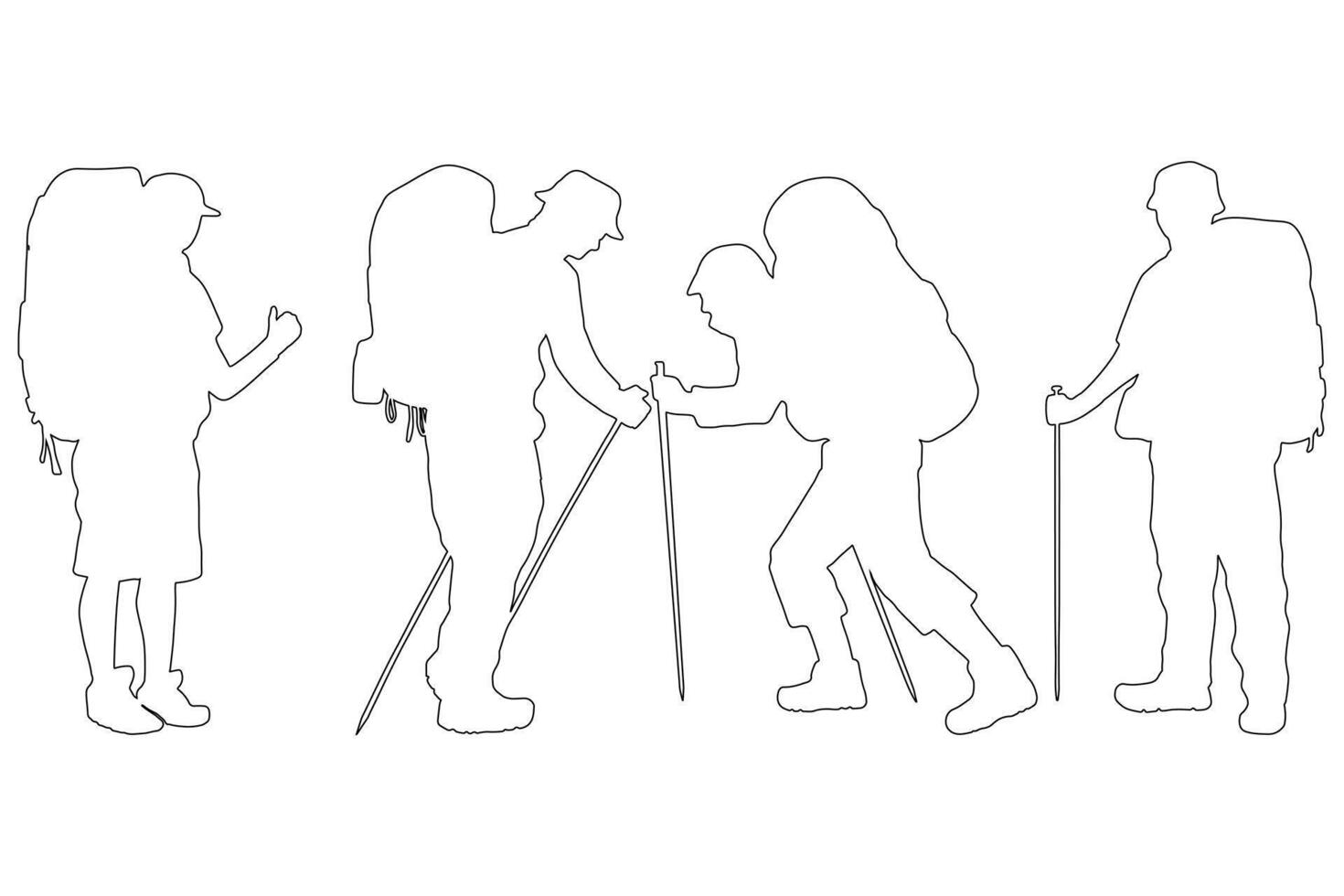 outline Set of Hikers and Climbers with Backpacks Illustration Isolated on White Background vector