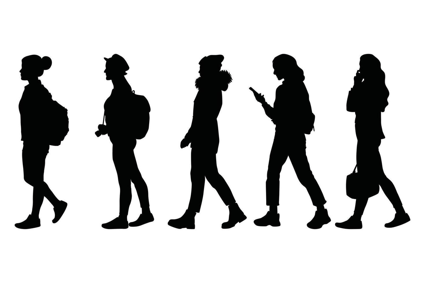 Woman Walking Silhouette Set Black Illustration on White Background vector