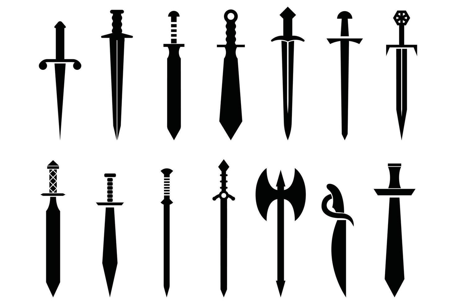 Medieval Sword Silhouettes Set Vintage Flat Icons of Knight Weapons Isolated on White Background vector