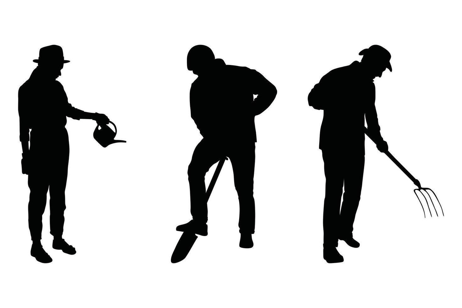 Man with Shovel Silhouettes Set Worker and Farmer in Various Poses vector