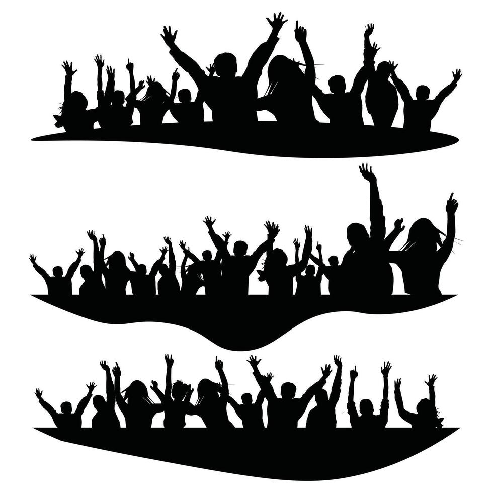 Cheerful Crowd of People Silhouette, Happy Young Party Group Cheering at Concert or Sport Event Set vector