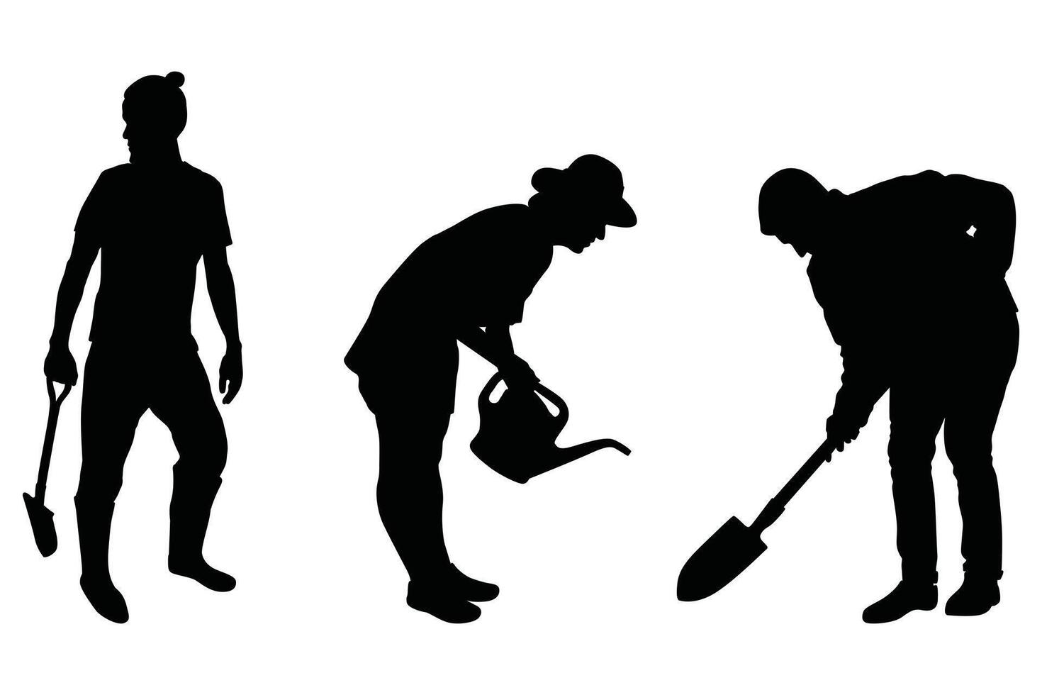 Man with Shovel Silhouette Set Worker and Farmer in Different Action Poses vector
