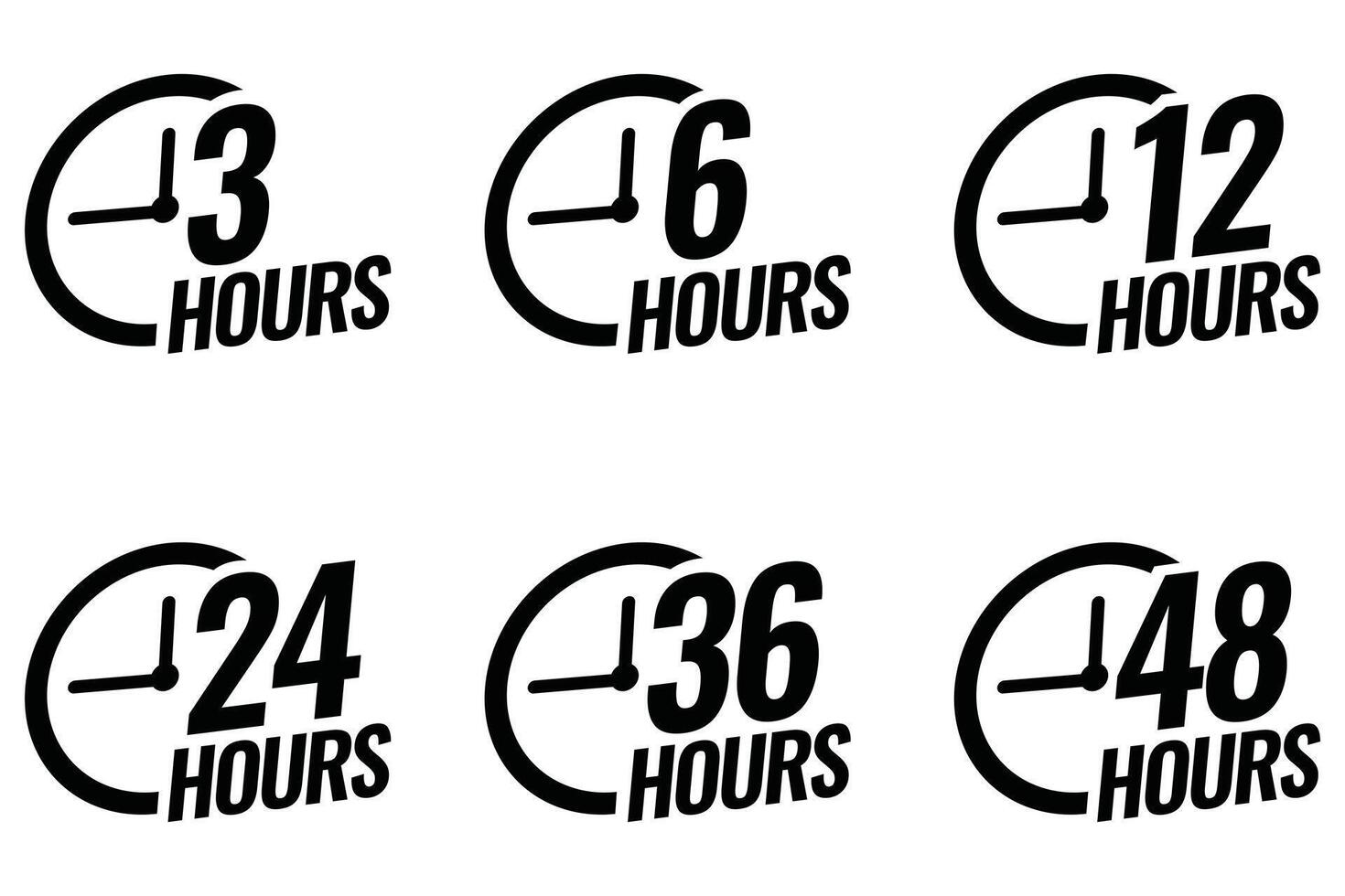 Work Time Icons 3, 6, 12, 24, 36, 48 Hours Clock with Arrow. Delivery and Service Time Sign. Illustration vector