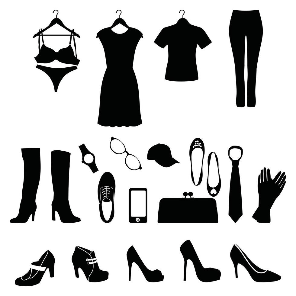 Fashion Icon Set with Clothing and Accessory Silhouettes Perfect for Branding and Design vector