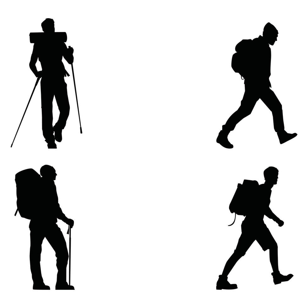 Adventure Hiker Silhouettes Set Collection of Climbers and Trekkers vector