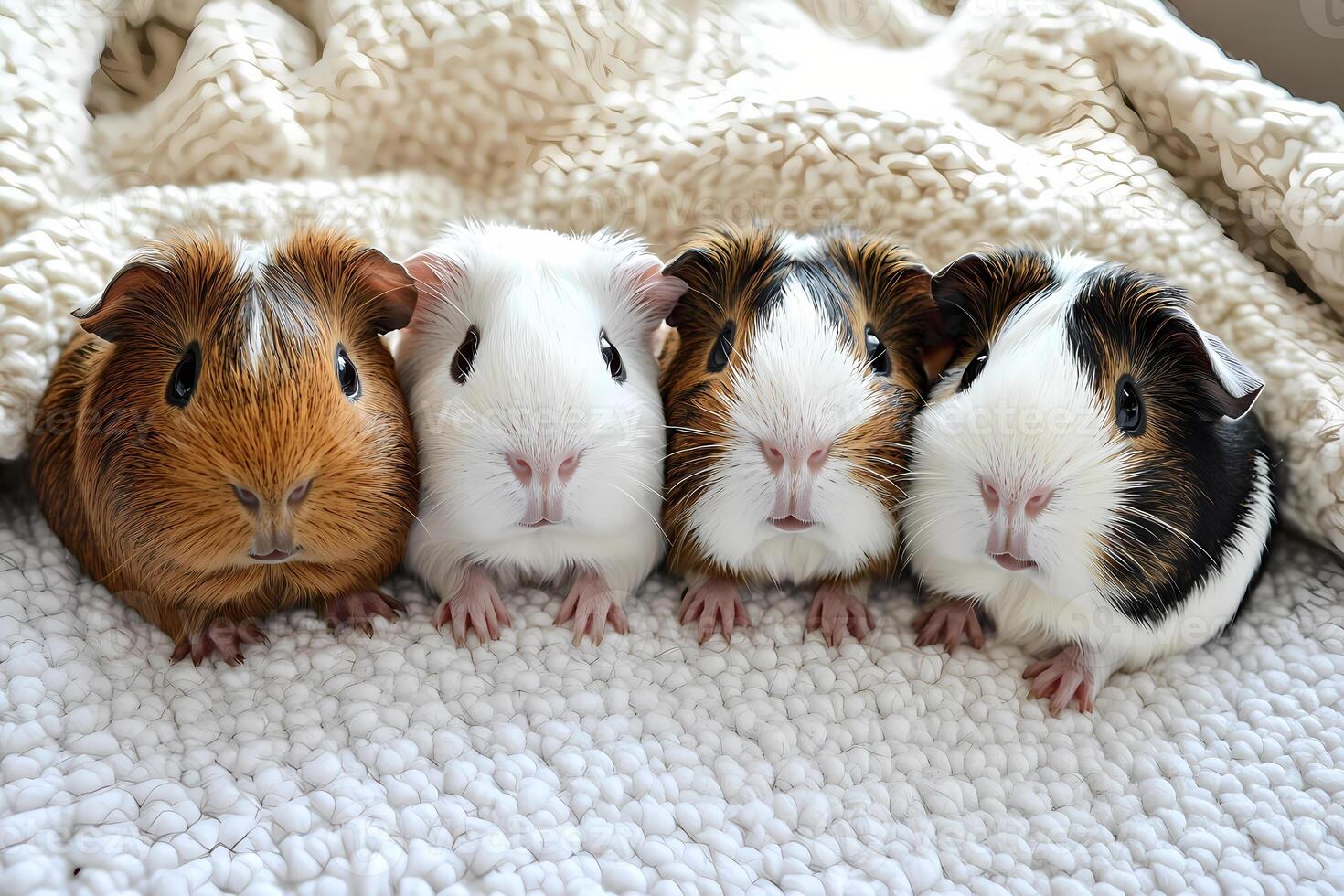 Four guinea pigs posing on soft blanket photo