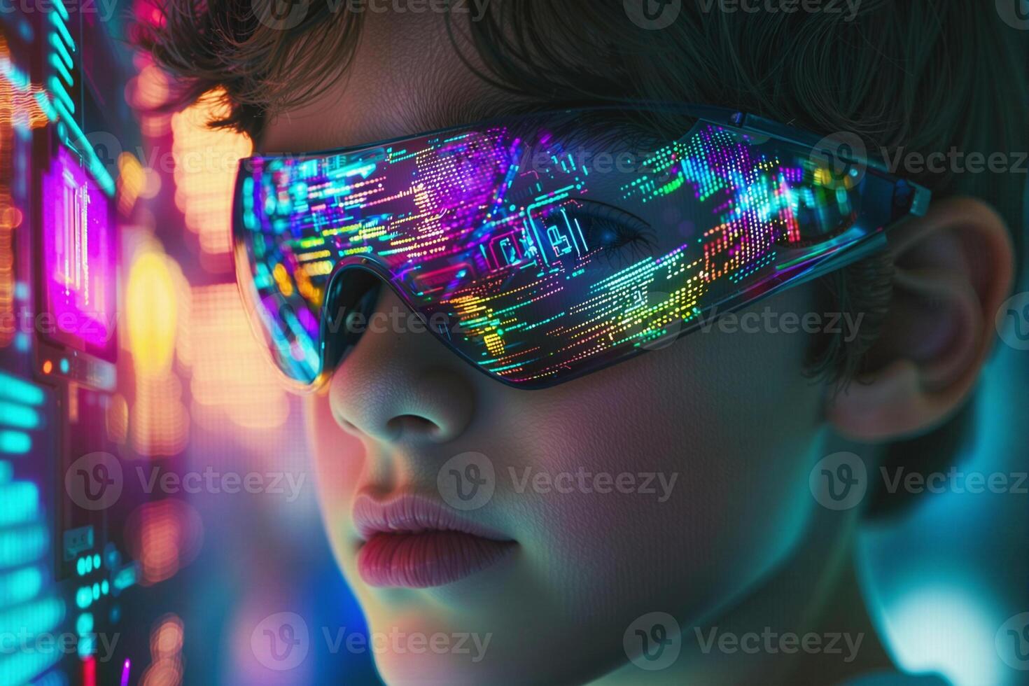 Young programmer wearing futuristic glasses analyzing code in virtual reality interface photo