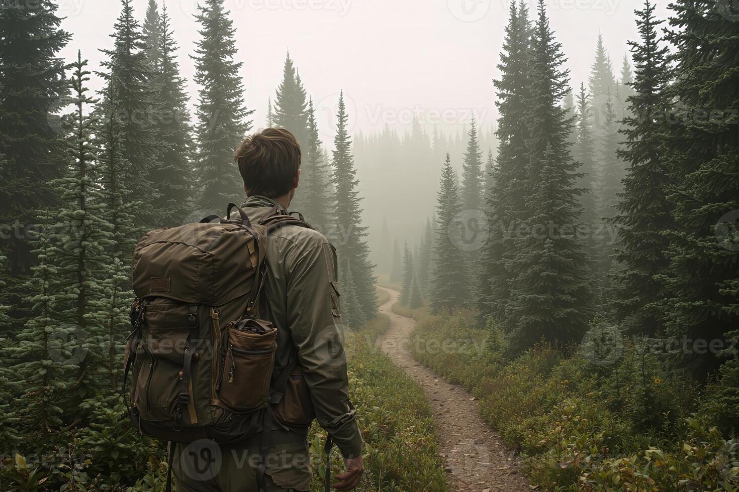 Hiker contemplating foggy path in misty pine forest photo