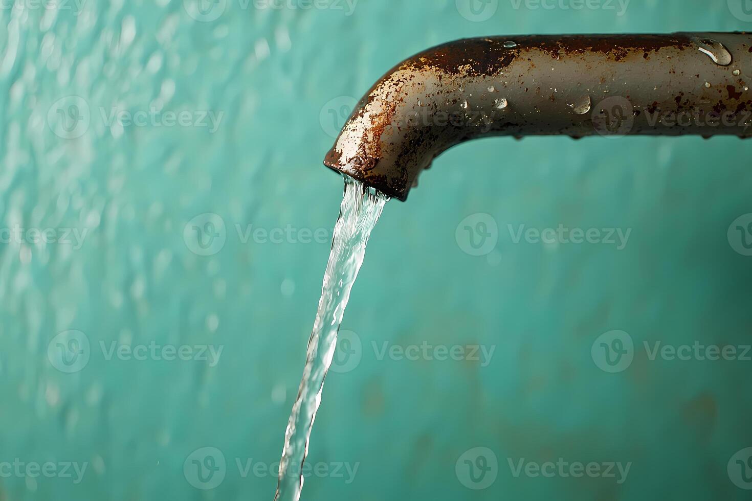 Rusty faucet pouring clean water against turquoise background photo
