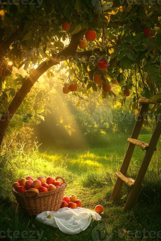 Red apples hanging from tree branches in orchard during harvest season photo