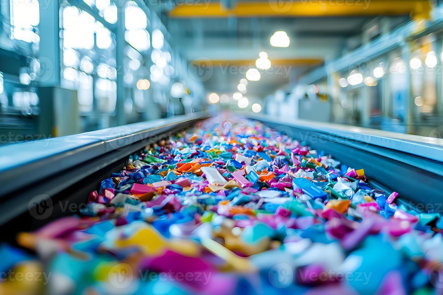 Plastic shreds moving on conveyor belt in recycling plant photo