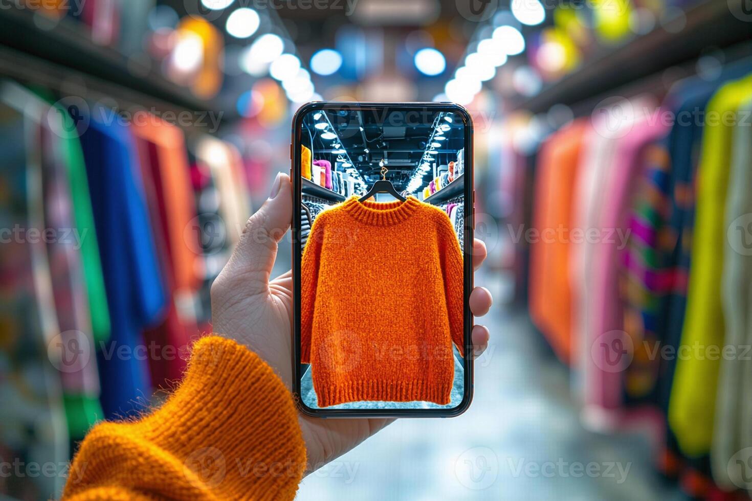 Customer using augmented reality app choosing orange sweater in fashion store photo