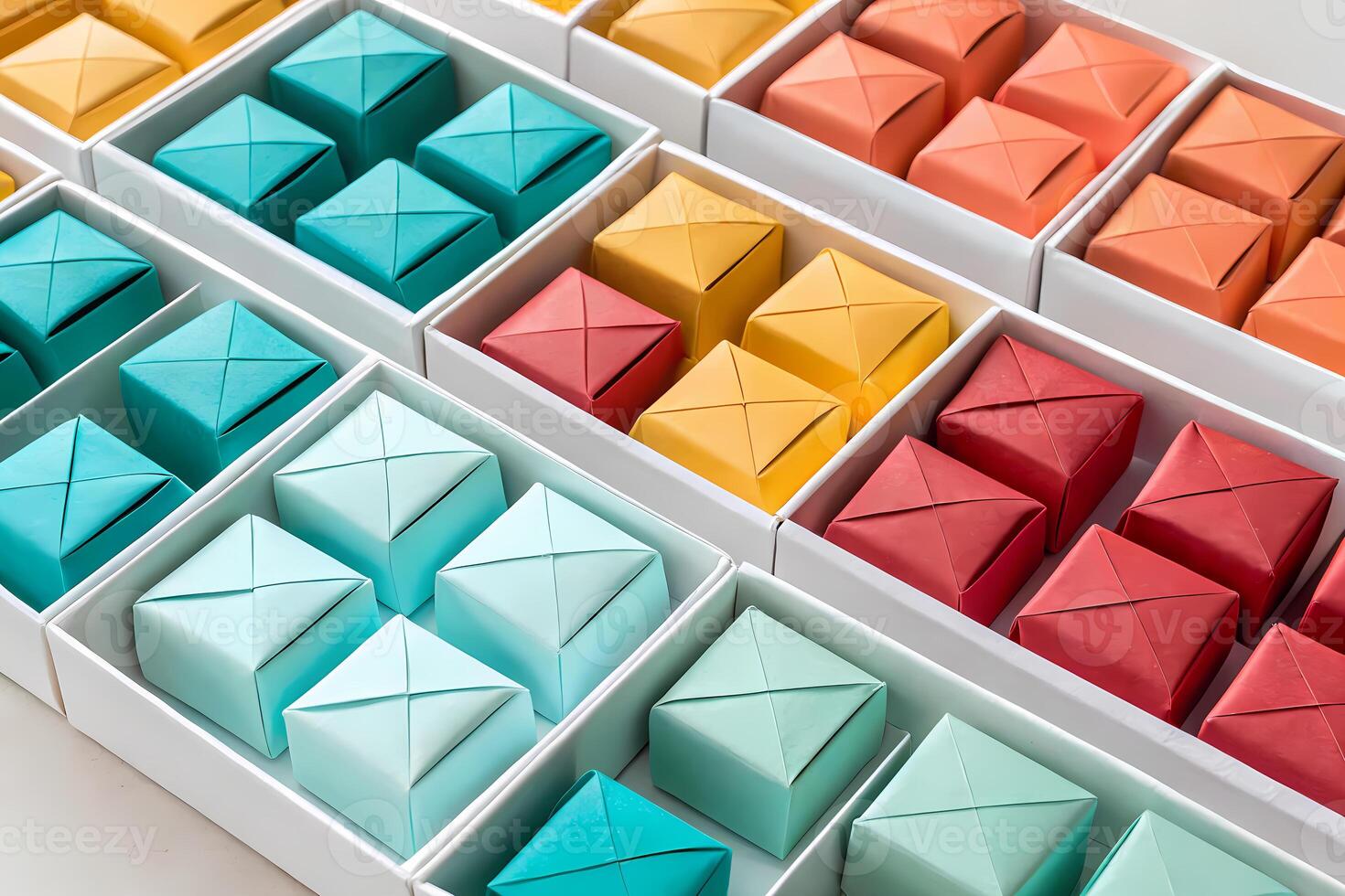 Colorful origami boxes filling compartments, displaying craftsmanship and organization photo